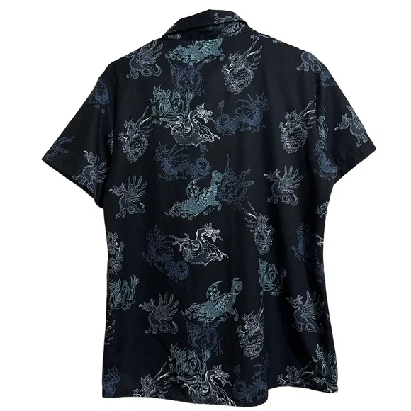 SHEIN Shirt Mens Medium Black Blue White Dragon Pattern Button Up Hawaiian - Picture 6 of 6